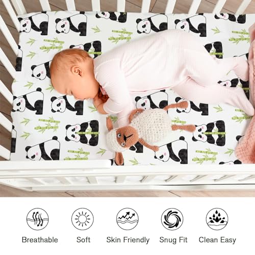 Image of Cartoon Panda Green Leaves Baby Crib Sheets for Boy Girl 52 inchx28 inch Cute Bear Animals Soft Breathable Unisex Fitted Nursery Baby Bed Sheet Fits Standard Crib and Toddler Bed Mattresses