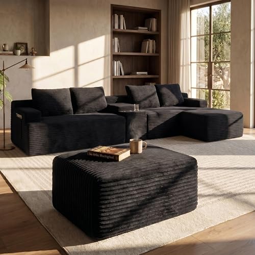 Image of 140 inch Modular Sectional Sofa Couch, Oversized U Shape Cloud Couch with 2 Ottomans, Storage and Cupholders, Corduroy Sofa Boneless Couches for Living Room, No Assembly Required, Black