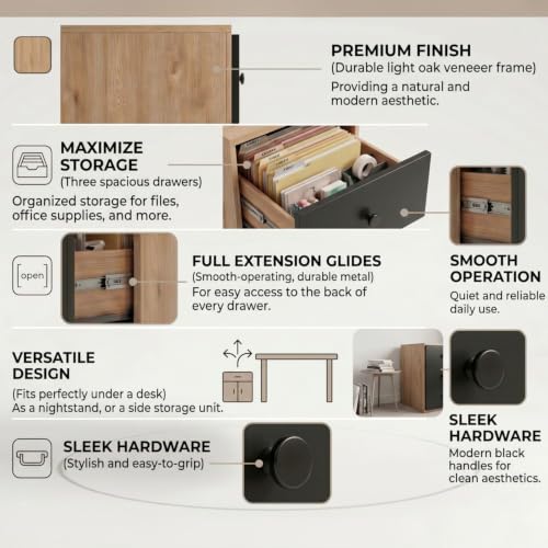 Image of FFO Wooden Filing Cabinet with 3 Drawers, Office File Storage Cabinet, Compact Document Organizer for Home Office, Study Room & Bedroom, Oak & Black (DIY).