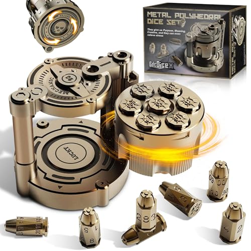 Metal Dice Set of 7, Rotatable Bullet Dice Set Revolver Storage Container, Rotating Fingertip Stress Relief Polyhedral Dice Set Toy, Metal Dice Set for Most War Board Games(Gold)
