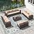 RTDTD Outdoor Patio Furniture Set, 14 Pieces Outdoor Furniture All Weather Patio Sectional Sofa PE Wicker Modular Conversation Sets with Coffee Table,12 Chairs & Seat Clips(Sand)