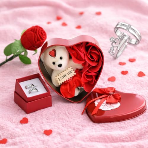 The Click India Valentine Gift for Girls Women Girlfriend Boys Husband Wife Boyfriend Lovers-Valentine Day Gifts Heart Shape Teddy Box Artificial Rose and Couple Ring Valentines Gift (HB+KQR+RIR)
