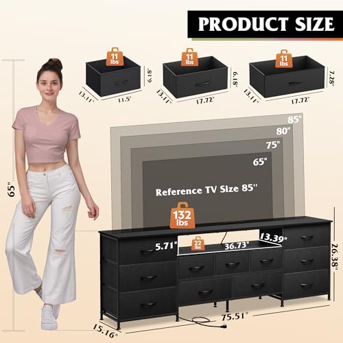 Image of WLIVE 75.5 inch TV Stand for 65, 75, 80, 85 Inch TV, Dresser for Bedroom with Power Outlets & LED Lights, 11 Drawer Fabric Dresser with Open Shelves, Entertainment Center with Storage, Black