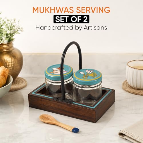 Image of AAKRITI ART CREATIONS Pichhwai Art Mukhwas Serving Jars and Tray | Handcrafted Pichhwai Art Storage Jars | Kitchen Decoration Items Stylish Tray & Jars | Kitchen Containers
