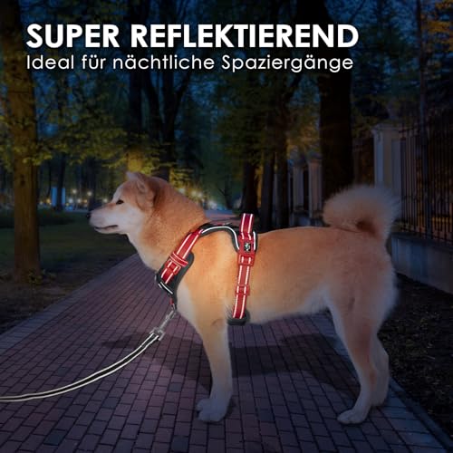 PHOEPET Anti-Zug Hundegeschirr - Reflektierendes Verstellbares Welpen-Sicherheitsgeschirr für kleine, mittelgroße und große Hunde (S,Schwarze Basis & Rote Träger)