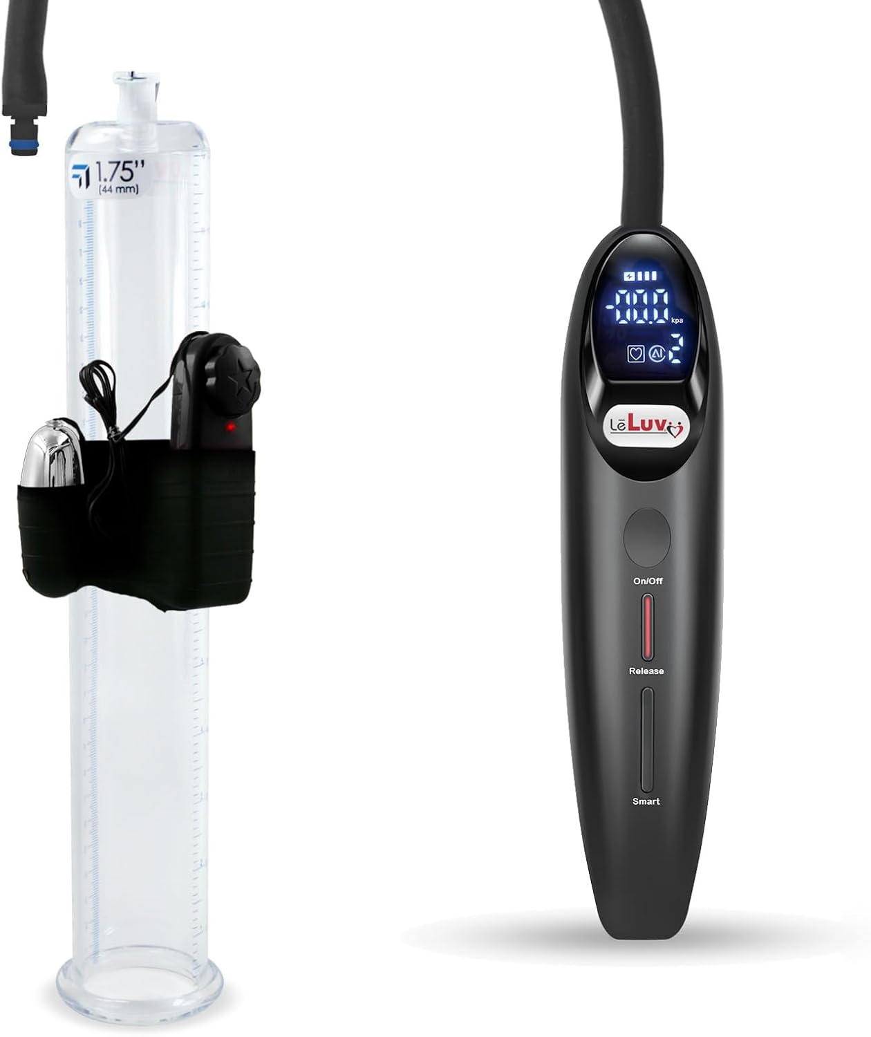 LeLuv Black Magna Vibrating Penis Pump - 12" Length x 1.75" Diameter - LCD Smart Handheld USB Rechargeable Untapered Acrylic Round Flange Quick-Disconnect Cylinder