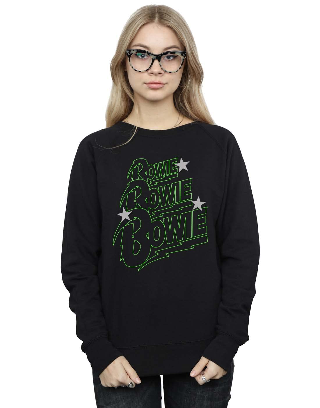 Absolute Cult Women's Black David Bowie Multiple Neon Logo Sweatshirt Medium