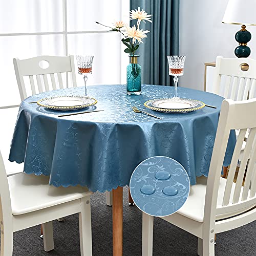 Image of Romanstile Waterproof Vinyl Tablecloth Round, 60 x 60 Inch, Flower Blue | Flannel Backing Wipeable Table Cloth, Heavy Duty Plastic PU Table Cover for Kitchen Dining, Indoor & Outdoor Use