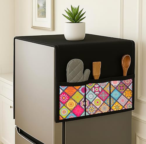 Image of Refrigerator Single Door Waterproof, Dustproof, Refrigerator Top Cover, Protective Cover for Fridges with Extra Storage Space Nylon Top cover with 6 Storage Pockets ( Multi, 130 x 54 cm )