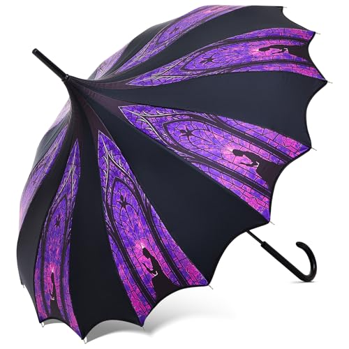 Queekay Halloween Pagoda Umbrella Purple and Black Stained Glass Gothic Umbrella Waterproof Windproof UV Protection Parasol for Halloween Birthday Gift