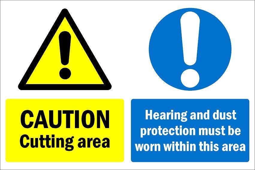Caution, cutting area, Hearing and dust protection must be worn within this area, safety sign - 1mm flexible Plastic sign (200mm x 150mm)