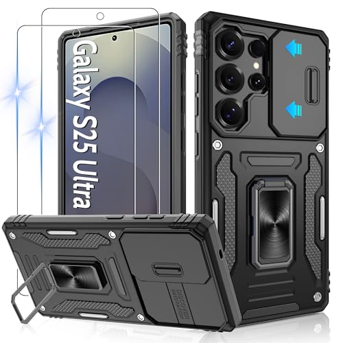 Jshru Handyhülle für Samsung Galaxy S25 Ultra Hülle Kameraschutz mit 2 Stück Schutzfolie Militärstandard Stoßfest Schutzhülle 360 Metall Ring Ständer Case für Galaxy S25 Ultra Schwarz