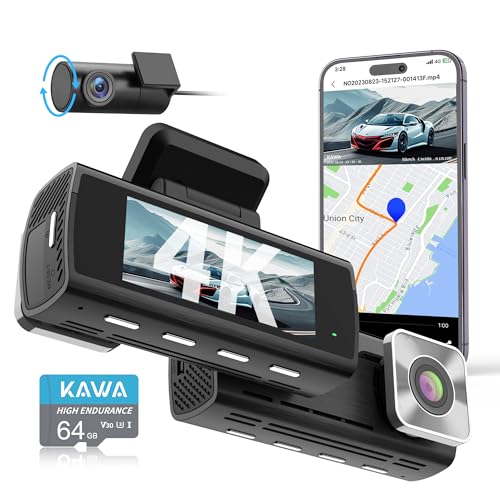 KAWA 4K Dash Cam Front Rear, AI-ISP Night Vision, with 64GB Card, 4K+1080P Dual Dash Cam for Cars with Sony STARVIS, GPS and Speed Track, 3.16” IPS Screen, G-Sensor, AI 24H Motion Detection, D10