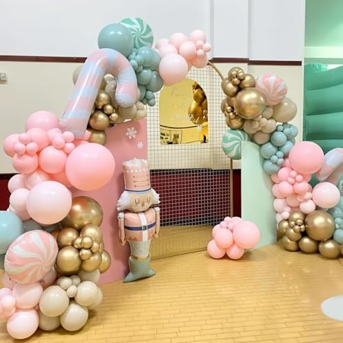 Christmas Balloon Garland Arch Kit, 112Pcs Green Pink and White Gold Latex Balloons with Candy Cane Mylar Foil Christmas Balloon for Girls Xmas Birthday Wedding New Year Candyland Party Decorations - Image 4