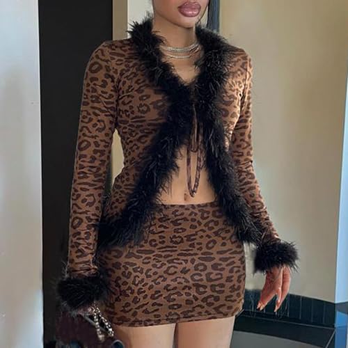 Image of Women Sexy 2 Piece Outfits Rave Tie-up Feather Trim Fur Long Sleeve Cardigan Deep V Blouse