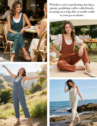 Image of Yeokou Womens Overalls Linen Cotton Jumpsuits Loose Casual Jumpers with Pockets
