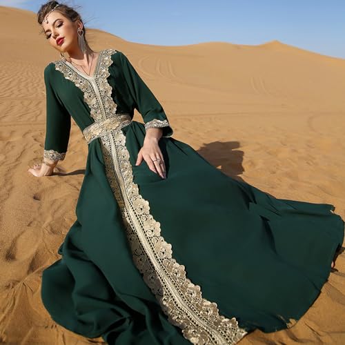 Image of IDOPIP Embroidery Abayas for Women Muslim Moroccan Floral Maxi Kaftan Dress Arabic Islamic Dubai Robe Ramadan Prayer Clothes