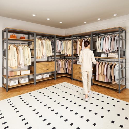Falenia ハンガーラック 衣装棚 大容量 おしゃれ 頑丈スチール コートハンガー 収納付き 押入れ 洋服収納ラック ワードローブ クローゼット 引き出し付き キャスター付き (158x160x40CM/白) [5]