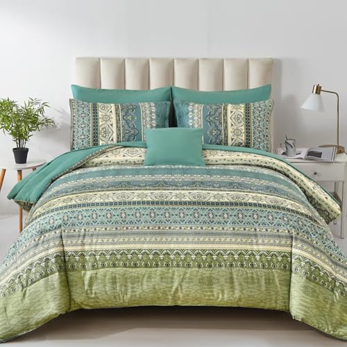 Cottolester Boho Queen Comforter Set,Green Paisley Striped Bed in A Bag