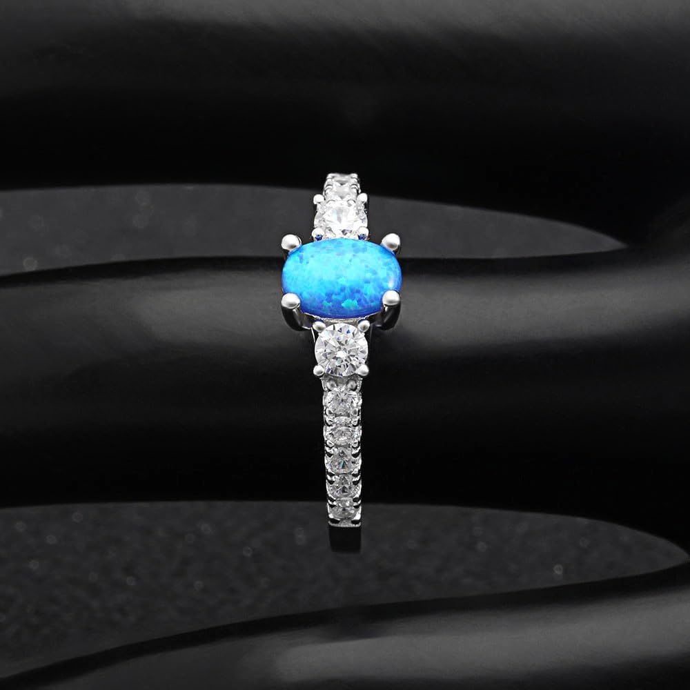 Emily Oval Engagement Ring for Women by Ginger Lyne | Statement Birthstone Ring for Her Simulated White Opal Sterling Silver Cubic Zirconia Accents October Birth Month Jewelry
