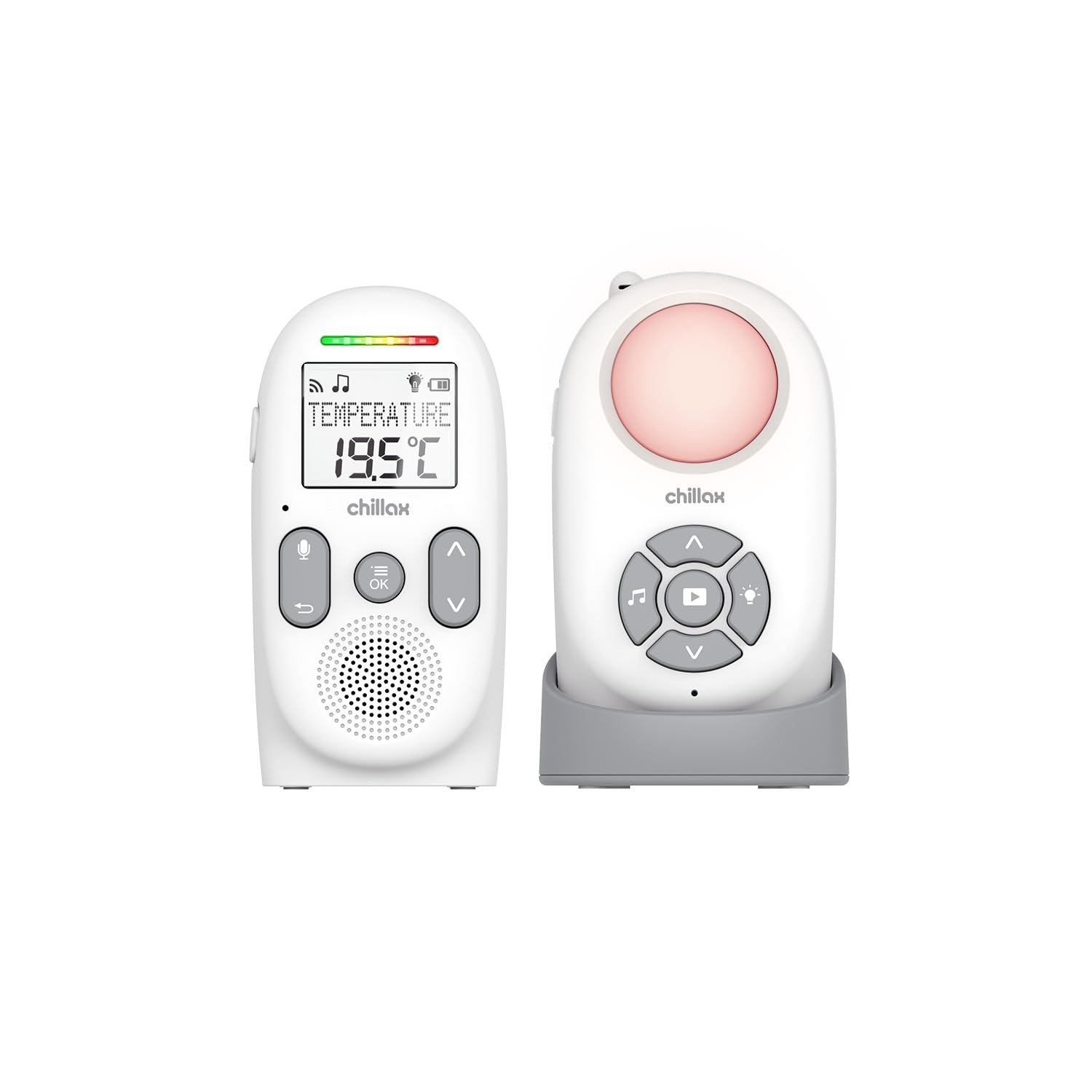 CHILLAX - Audio-Babyphone CB360 Portable - DECT - 2 schnurlose Einheiten - VOX & Eco Modus - Temperatursensor - Gegensprechfunktion - 340 m Reichweite - Nachtlicht & 5 Wiegenlieder - 13 h Akkulaufzeit