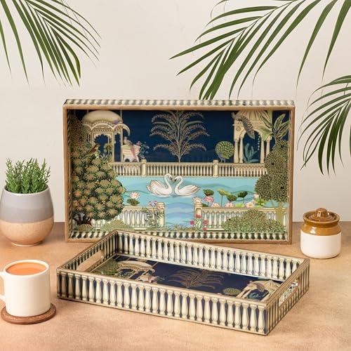 Image of Swan Wooden Serving Tray with Gold Engraving | Set of 2 | Size : 16 x 10 inch & 14 x 8 inch | Enamel Coated Waterproof | Rectangular | Swan Set of 2