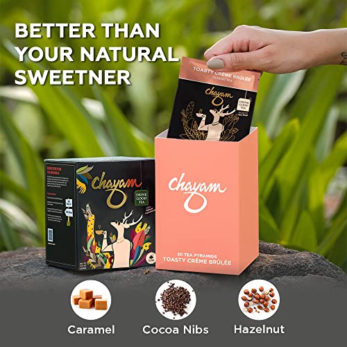 Image of CHAYAM Creme Brulee Black Teabags | Vanilla Caramel Blend with Hazelnut & Cocoa Nibs | 20 Pyramid Tea Bags | Indulgent Dessert Tea | Zero Calorie & No Added Sugar | 100% Natural