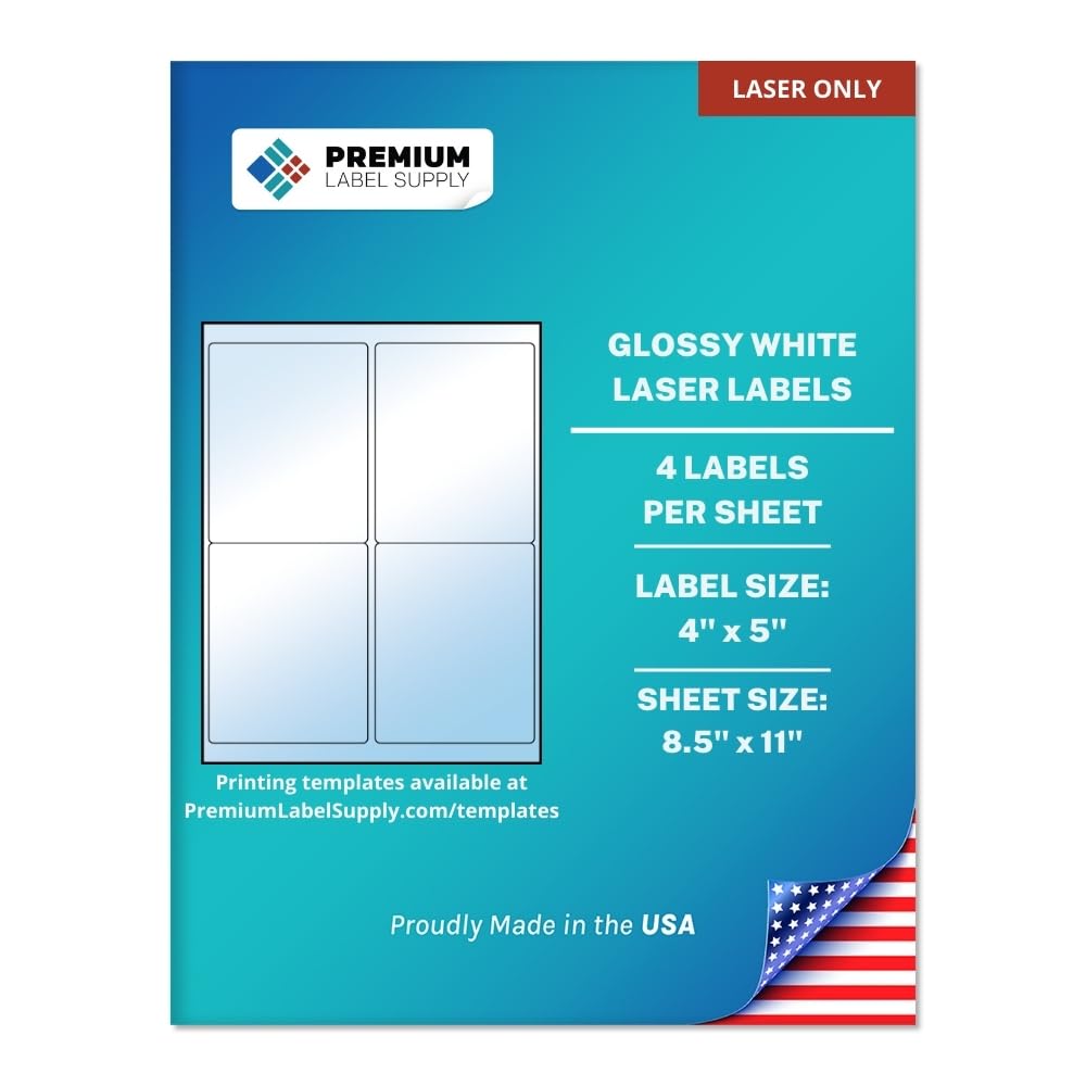 Premium Label Supply Glossy White Sticker Labels – 4" x 5" – (4 per Sheet) (Glossy White for Laser Only, 40 Labels)