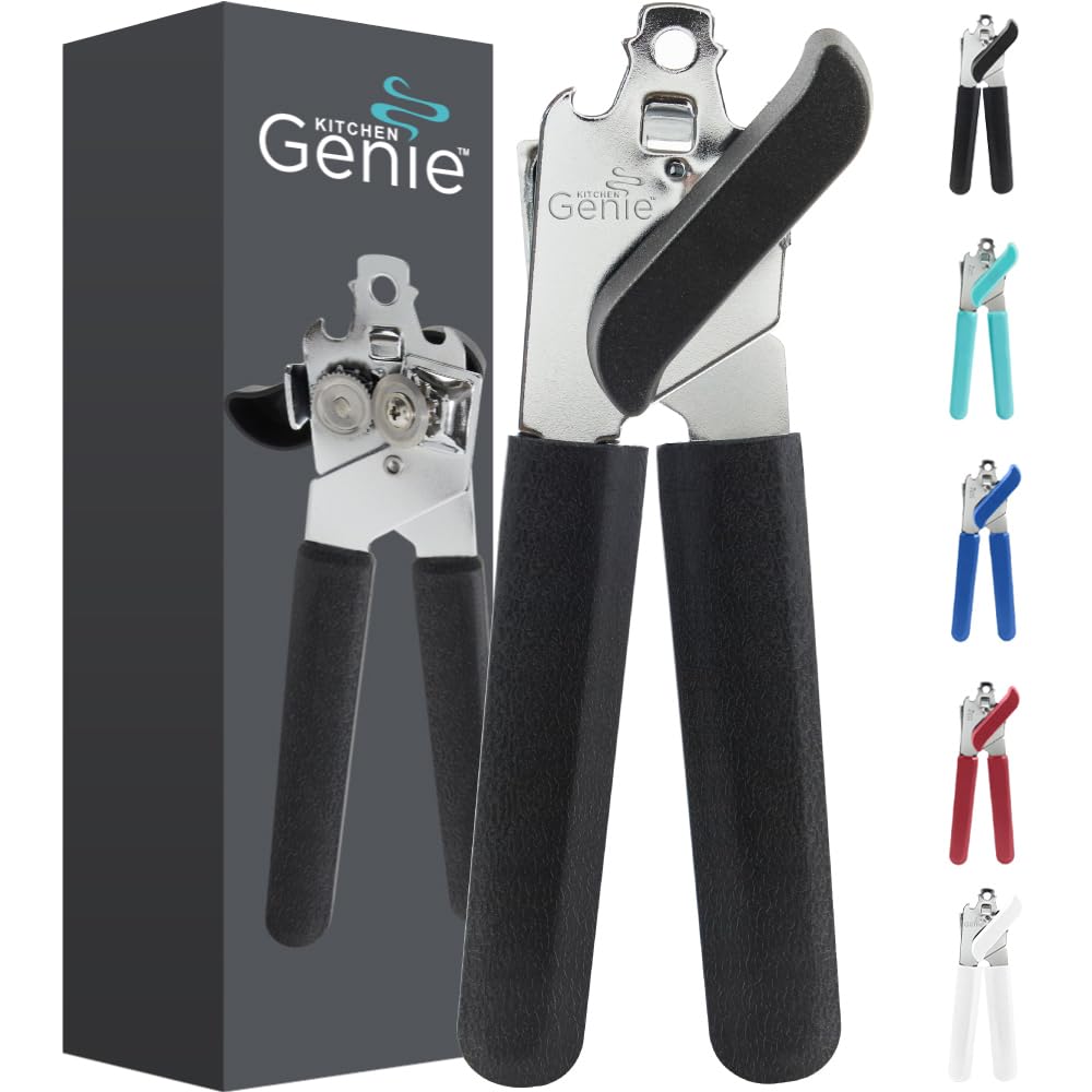 Kitchen Genie Robuster manueller Dosenöffner aus Edelstahl, glatte Kanten, rostfrei, übergroßer Handgriff, großer Deckelöffner, schwarz