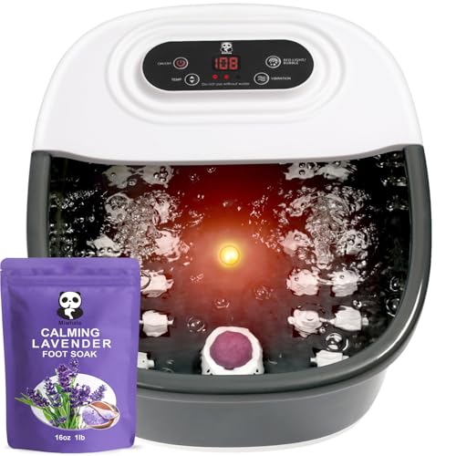 Miwhale Foot Spa Bath Massager with Heat Bubbles and Vibration Massage and Jets, 16 OZ Calming Lavender Foot Soak Epsom Salt, Foot Soaker with Red Light, 22 Massage Rollers, Adjustable Temp - Black