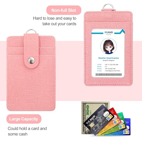 Image of Conisy ID Badge Holder with Retractable Lanyard, Vertical PU Leather ID Badge Card Holder with 2 Card Slots for Women Men (ID Badge Holder Pink)
