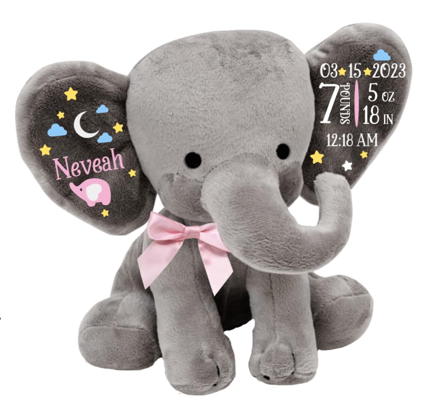 Moon and Stars - Birth Stats Keepsake Elephant - Perfect for a Newborn Baby Gift, an upcoming Child's birthday or a baby shower! Personalized Stuffed Elephant