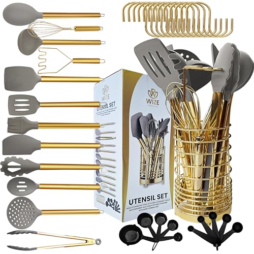 Wize Products - 38 Piece Silicone Kitchen Utensils Set, Non-Stick & BPA-Free Gold Stainless Steel Cooking Tools with Holder - Ideal Culinary Gift