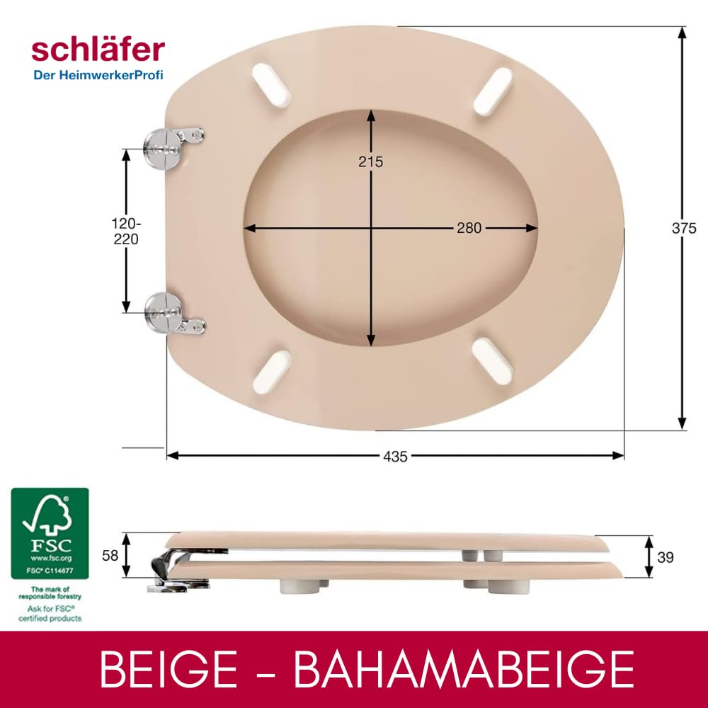 Schläfer 4638105 | Tavoletta Wc Copriwater Universale Beige, Sedile Wc in Legno, Tavoletta Water "Weser" Forma Ovale, Cerniere Regolabili in Metallo