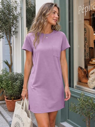 Image of Ladiyo Women T Shirt Dress Summer Fashion Mini Dress Crew Neck Short Sleeve Dress Solid Color Casual Dress with Pocket