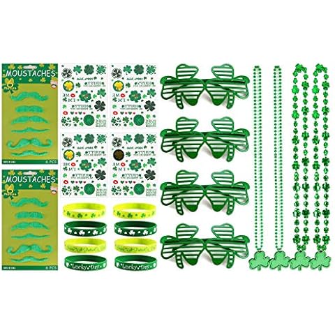 EnjoIt 22 Pcs St. Patrick's Day Set Shamrock Clover Green Bead Necklace Glasses Bracelet - Party Favors Decorations Supplies, 5 Types C2309 Cover