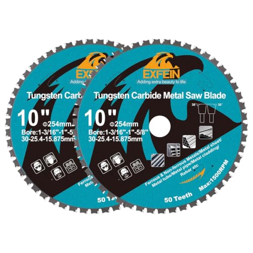 10 Inch 50T Metal Circular Saw Blade - 2-Pack EXFEIN Tungsten Carbide Tipped Saw Blade Arbor 1-3/16" for Metal Sheet or Pipe, Angle Iron, Rebar, Ferrous Metals, Non-Ferrous Metals