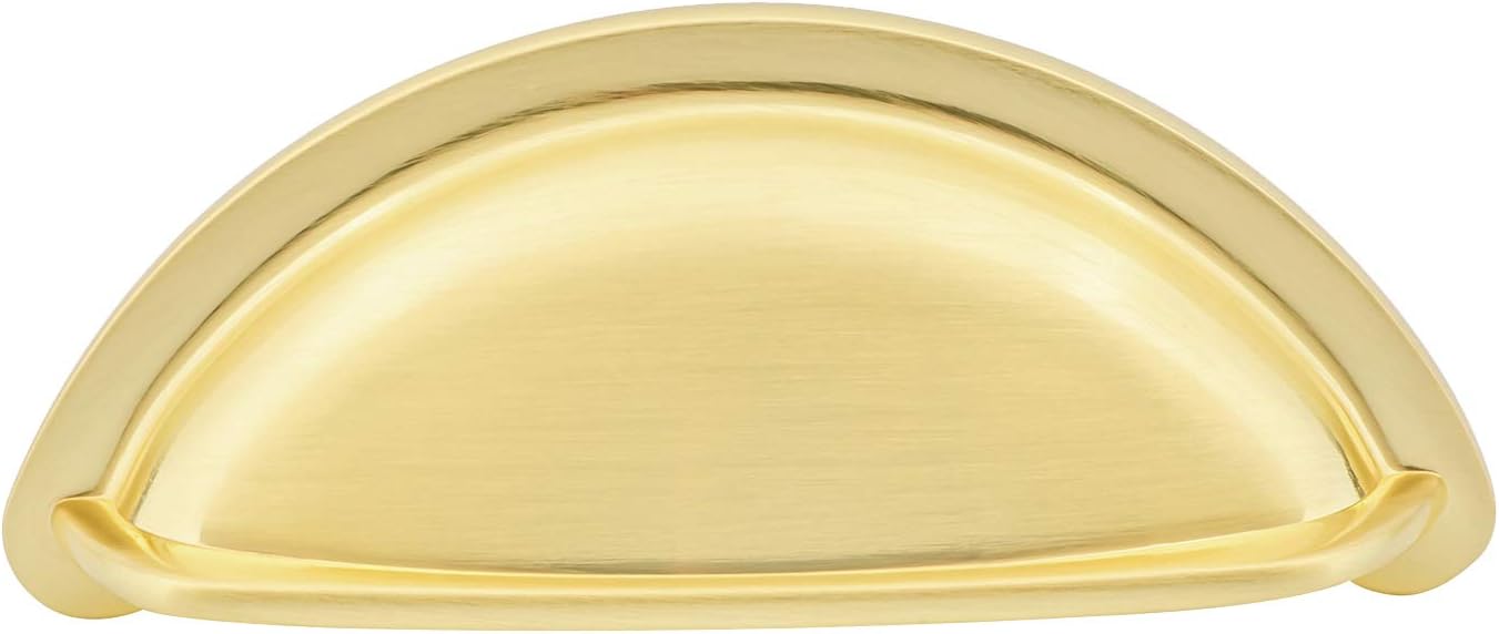 Amazon Basics Wide Bin Cup Drawer Pull, 3.69-inch Length (3-inch Hole Center), Brushed Brass, 10-pack
