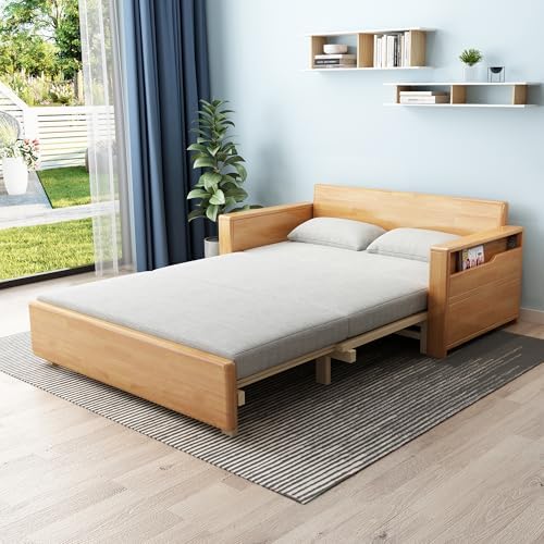 71"queen convertible sofa sleeper,grey cushion sectional sleeper with reversible chaise,wood couch bed 3 in 1 pull out sofa bed,log color sofa for livingroom,apartment,bedroom,office with storage