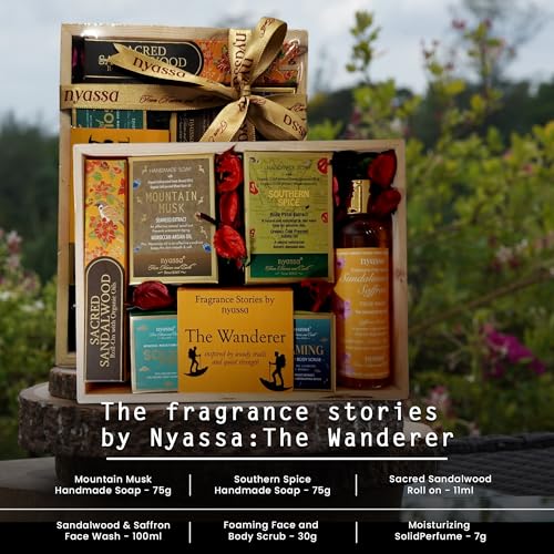 Image of Nyassa The fragrance stories by nyassa: THE Wanderer Gift set | Natural Bath and Body Care Set | Handmade Soap | Roll On | Solid Perfume | Face and Body Scrub | Face Wash