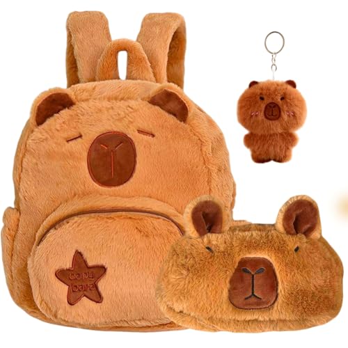 PLNVNVP Mochilas de Peluche de Capybara, Lindas Mochilas Escolares con Forma de Capybara, Juego de Papelería Capybara para Regalos Escolares para Niños (Estilo 1)