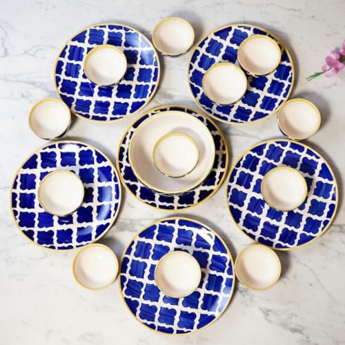 Image of Freakway Premium Moroccan Hand Glazed Ceramic Dinner Set of 19 Pieces for Dinner with Bowls | 6 Dinner Plates and 12 Serving Bowl /katori & 1 Large Bowl| Microwave & Dishwasher Safe - Blue