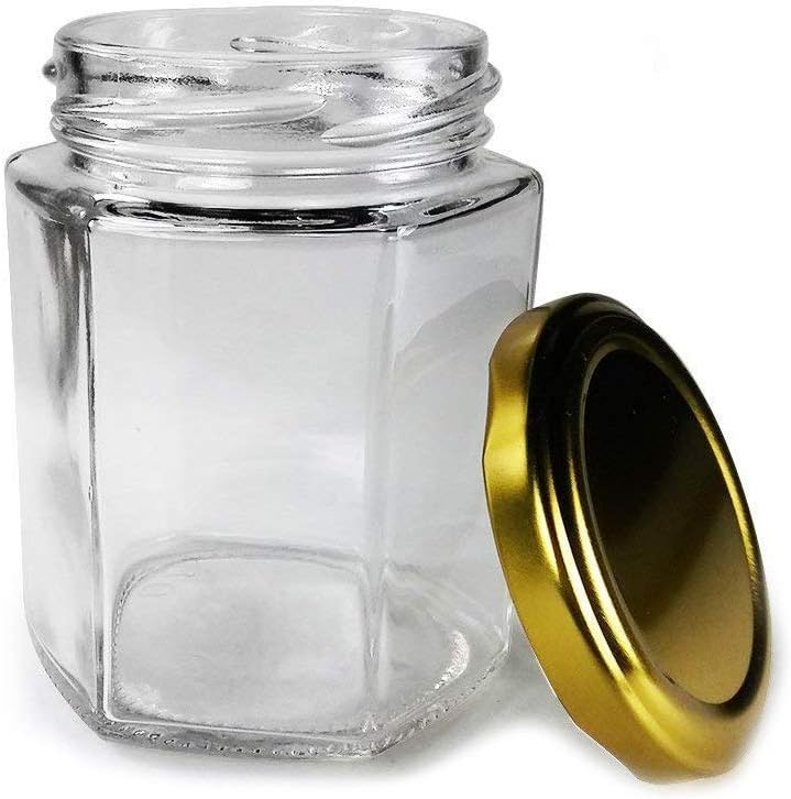 Choice 250 ml Hexagon Kitchen Storage Glass Jar Container, Air Tight Blue Checks Metal Lid (12)