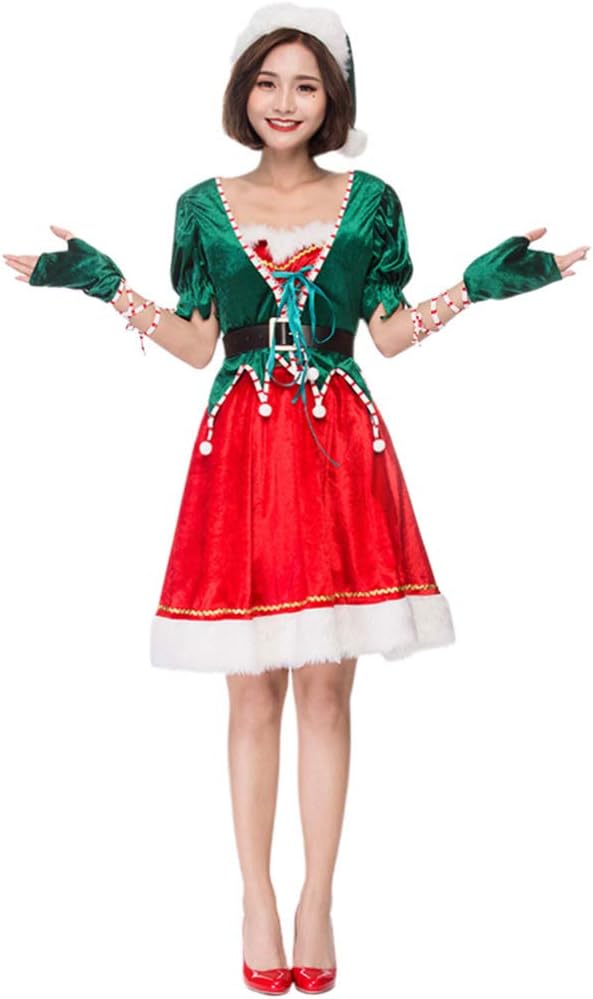 Christmas Costume Set Elf Costume Dress Top Skirt Cap and Glove Kit Performance Clothes for Xmas Party for Women Ladies - M
