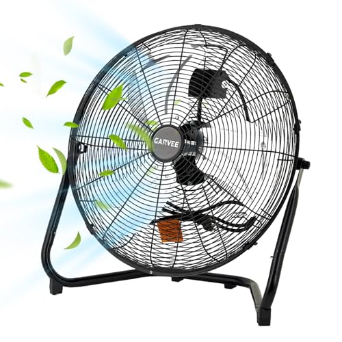 12 Inch Floor Fan, 3 Speeds 2000 CFM High Velocity Heavy Duty Industrial Fan, 360° Adjustable Tilt & Carry Handle, 24.6 ft/s Airflow Metal Fan, Cooli