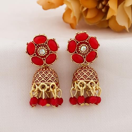 Image of Traditional Jhumka meenakari oxidised kundans flower Jhumka Earrings, Floral Design with Beaded Danglers, Multiple Colours Available