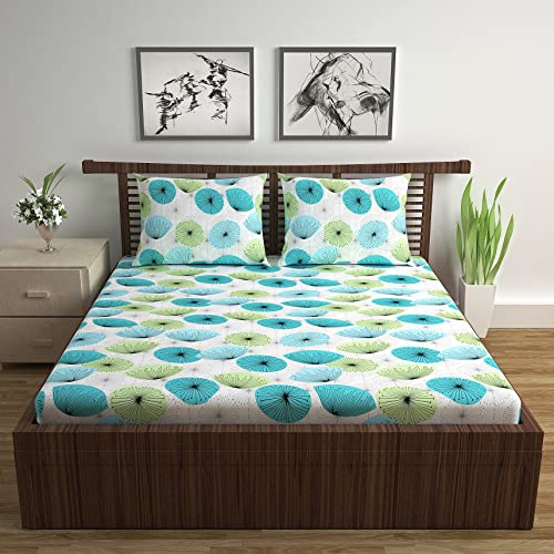 Image of Divine Casa 144 TC Cotton Double Bedsheet with 2 Pillow Covers | Soft Comfortable Bedsheet for Double Bed | Breathable Printed Bedding Set | 222 x 254 cm (Aqua Green, Floral)