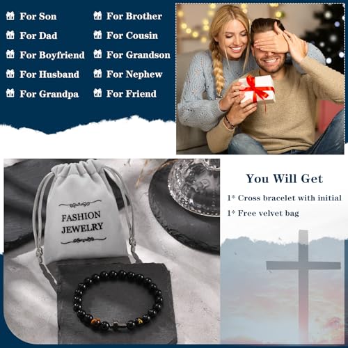Mens Cross Bead Bracelet with Initials, Christian Rosary Obsidian A-Z Letter Black Onyx Tigers Eye Beaded Bracelet, Faith Religious Easter Catholic Communion Baptism Christmas Jewelry Gift for Men — view 6