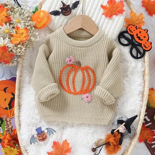 Toddler Baby Girls Ribbed Knit Pullover Sweater Classic Pumpkin Floral Embroidery Long Sleeve Oversized Tops2