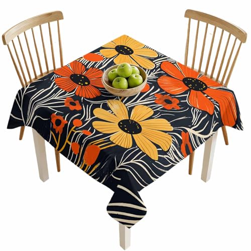 VANPTBNHS Square Tablecloth,Spring Orange Yellow Flower on Black Waterproof Oil-Proof